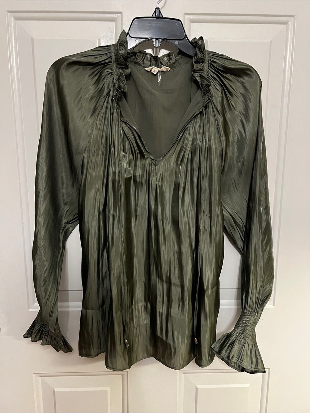 entro Olive Green Satin Ruffle-Neck Blouse